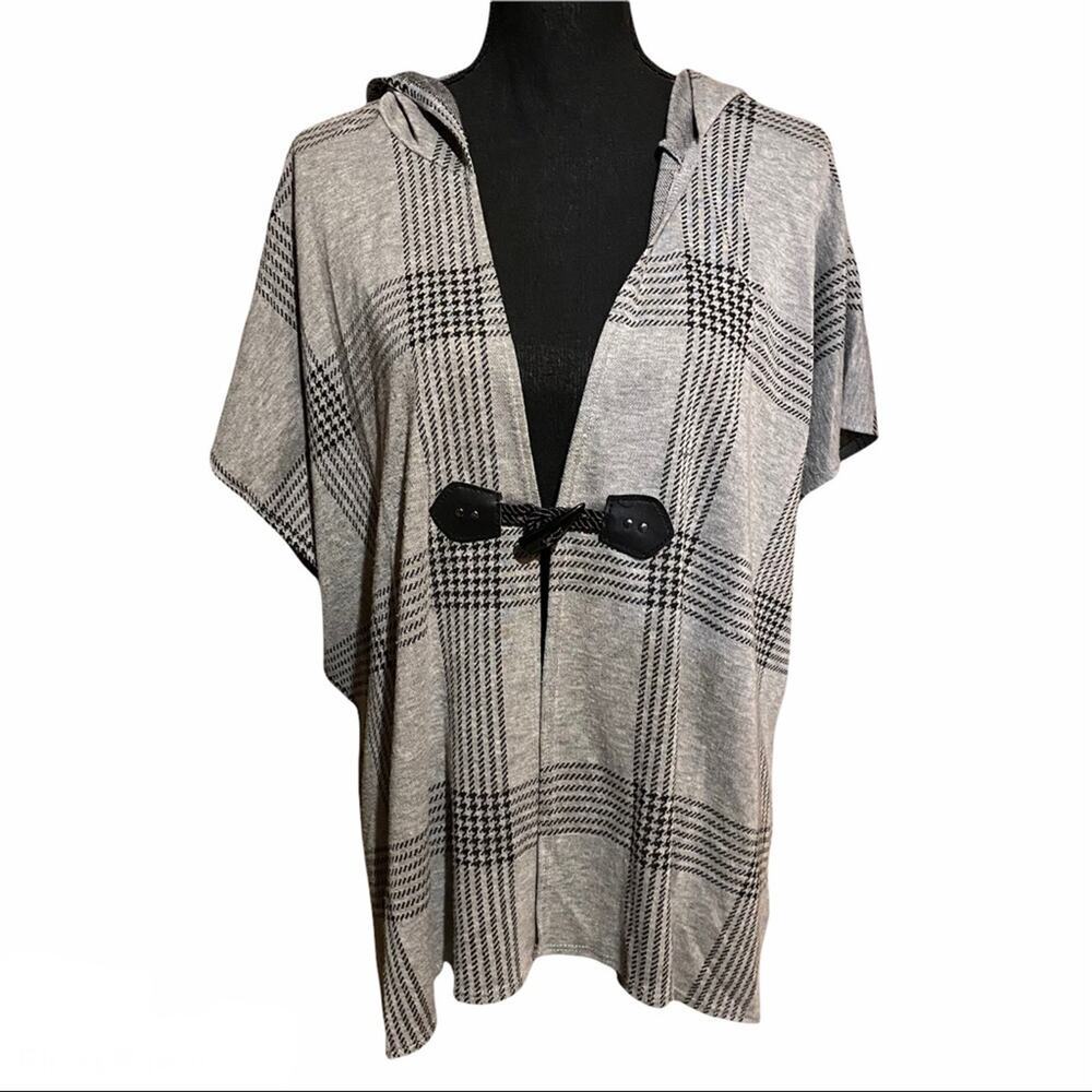 Mind Code Gray Plaid Hooded Poncho Sweater Women's Size S Small
